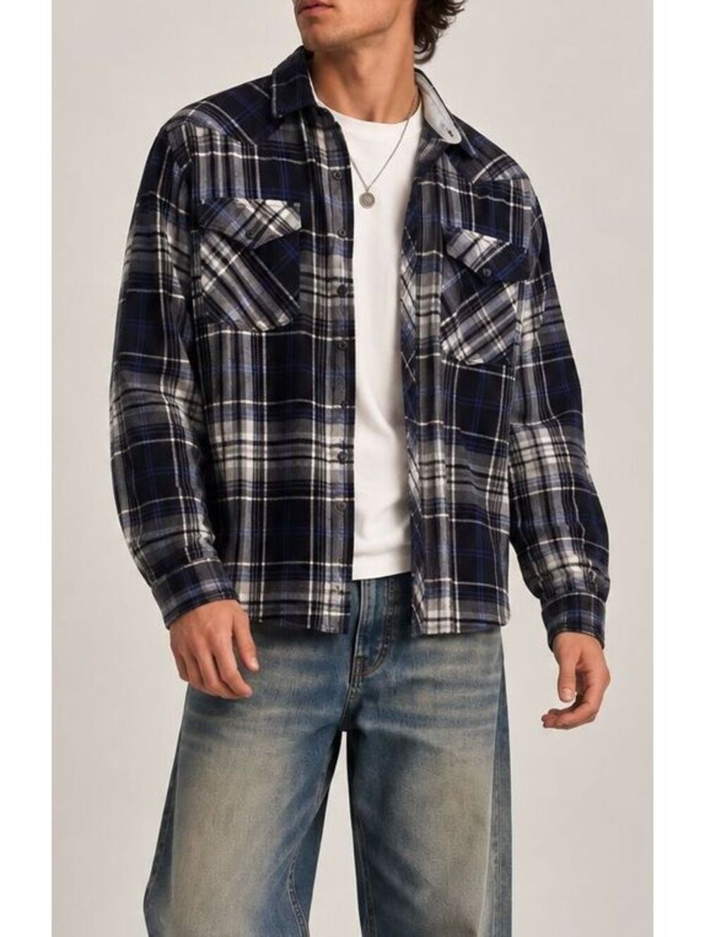 Plaid Flannel Western Pearl Snap Shirt Black Blue Mens Large Roebuck & Co Cotton